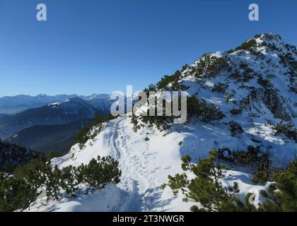 Herzogstand, Deutschland 16. November 2022: Hier am Herzogstand im Winter, Schnee, wandern, Bergsteigen, Tourismus, Ausflugsmagnet, Hotspot, Voralpen, Weg zum Gipfel, Schneewandern *** Herzogstand, Deutschland 16 November 2022 hier am Herzogstand im Winter, Schnee, Wandern, Bergsteigen, Tourismus, Ausflugsmagnet, Hotspot, Ausläufer der Alpen, Weg zum Gipfel, Schneeschwingen Credit: Imago/Alamy Live News Stockfoto