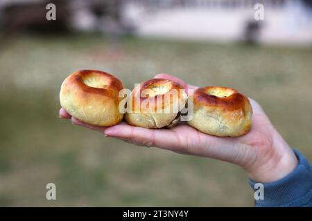 Gyeongju Bread (Hwangnam-ppang): Hier werden lokale Spezialitäten der koreanischen Küche angeboten. Kleines süßes Gebäck mit einer Füllung aus roter Bohnenpaste. Stockfoto