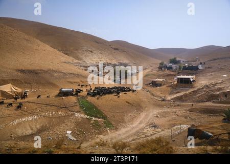 Armut in Palästina. Provisorische Hütten eines Ziegenhirtendorfes in der Wüste. Judaeische Wüste im Westjordanland. Stockfoto