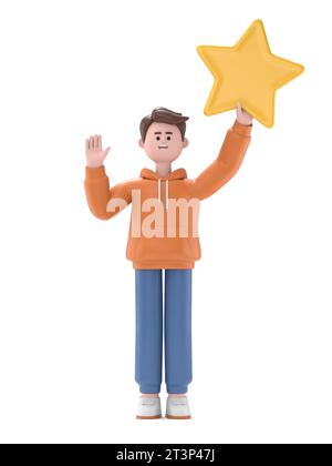 3D-Illustration eines männlichen Qadirn, der die Hand winkt und einen großen Stern hält. Kundenbewertung und Kundenfeedback-Konzept. 3D-Rendering auf W Stockfoto