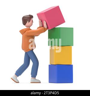 3D-Illustration von männlichem Guy Qadir und einem Cubes.3D-Rendering auf weißem Hintergrund. Stockfoto