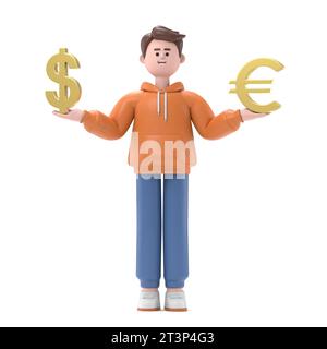 3D-Illustration des männlichen Guy Qadir mit Zeichen Dollar und Euro.3D-Rendering auf weißem Hintergrund. Stockfoto