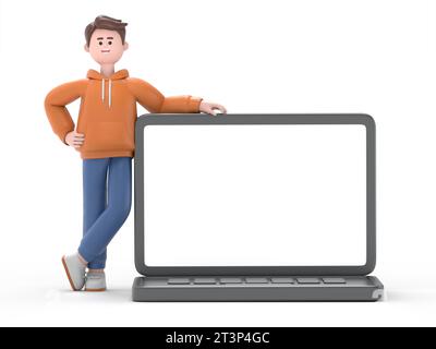 3D-Illustration von männlichem Guy Qadir unterstützt von Laptop.3D-Rendering auf weißem Hintergrund. Stockfoto