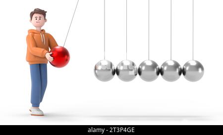 3D-Illustration eines männlichen Guy Qadir, der mit newton Cradle spielt. 3D-Rendering auf weißem Hintergrund. Stockfoto