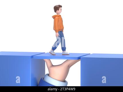 3D-Illustration des männlichen Guy Qadir. Zwei Geschäftsleute lösten das Problem, den Abgrund zu überwinden. Symbol für Zusammenarbeit, Zusammenarbeit, Partnerschaft.Te Stockfoto