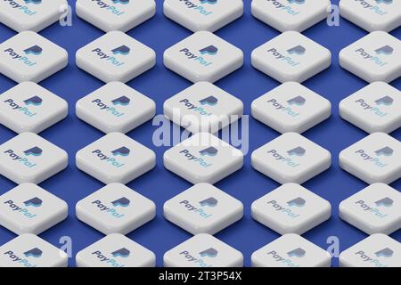 LONDON, Großbritannien – Oktober 2023: Firmenlogo des Online-Zahlungsdienstleisters PayPal. 3D-Rendering Stockfoto