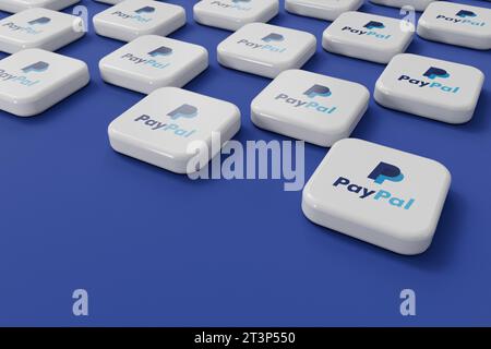 LONDON, Großbritannien – Oktober 2023: Firmenlogo des Online-Zahlungsdienstleisters PayPal. 3D-Rendering Stockfoto