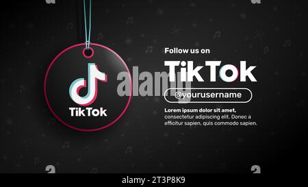 Folgen Sie uns Webbanner. Rundes Etikett mit Tik Tok-Logo innen. Vorlage für Vektorabbildungen mit Text zum Ersetzen durch Ihre Kontaktinformationen. Stock Vektor