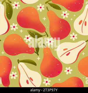 Nahtloses Muster mit handgezeichneten Birnen auf hellgrünem Hintergrund. Obst- und Blumenmuster in hellen Farben. Bunte Illustration. Stockfoto