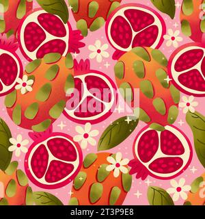 Nahtloses Muster mit handgezeichnetem Granatapfel und Drachenfrucht auf rosa Hintergrund. Obst- und Blumenmuster in hellen Farben. Bunte Illustration. Stockfoto