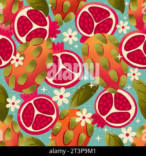 Nahtloses Muster mit handgezeichnetem Granatapfel und Drachenfrucht auf blauem Hintergrund. Obst- und Blumenmuster in hellen Farben. Bunte Illustration. Stockfoto