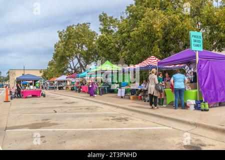 Austin Steam Train Association Hill County Flyer halten in Burnet, Texas - für Mittagessen, Shopping und Unterhaltung. Bauernmarkt auf dem Stadtplatz. Stockfoto