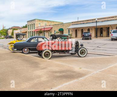 Austin Steam Train Association Hill County Flyer halten in Burnet, Texas - für Mittagessen, Shopping und Unterhaltung. Stockfoto
