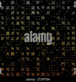 Hintergrund der abstrakten Matrix. Zufällige Zeichen des vereinfachten chinesischen Alphabets (Hongkong). Gradiented Matrixmuster. Hintergrund mit gelbem Design. Stock Vektor