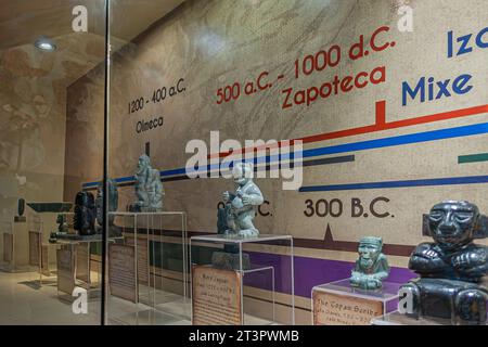 Guatemala, La Antigua - 20. Juli 2023: Jade Maya Museum. Historische Linie von Götterstatuen aus Jade. Stockfoto