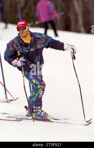 Italien Bormio 18.03.1995: Alberto Tomba, italienischer Skiläufer, während der Aufklärung vor dem Rennen Stockfoto