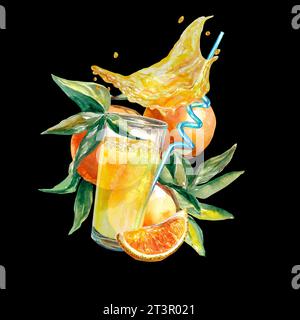 Ein Glas Orangensaft, Obst und Orangenscheiben, Spritzer Saft. Aquarellabbildung auf schwarzem Hintergrund. Designelement für Lebensmittelverpackungen Stockfoto