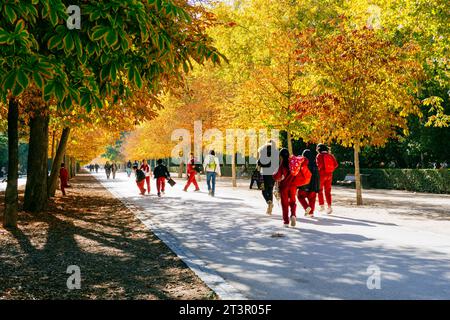 Leute, die im Herbst auf einem der Fußwege laufen. Der Buen Retiro Park - Parque del Buen Retiro, wörtlich „Park of the Pleasant Retreat“, Retiro Pa Stockfoto