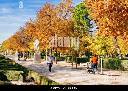 Avenue der Statuen - Paseo de las Estatuas, benannt nach den Skulpturen der Könige, die sie flankieren. Parque del Buen Retiro, buchstäblich „Park of the Pleasan“ Stockfoto