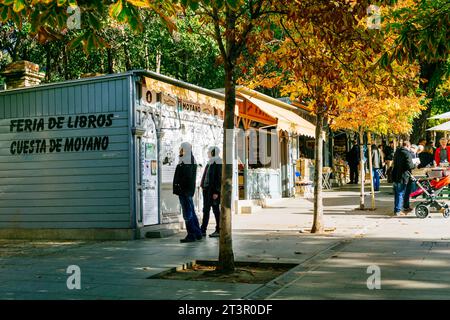 La Cuesta de Moyano ist der populäre Name, unter dem die Calle de Claudio de Moyano in Madrid bekannt ist, berühmt für die Verkaufsstände, die Bücher verkaufen, viele davon Stockfoto