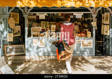 La Cuesta de Moyano ist der populäre Name, unter dem die Calle de Claudio de Moyano in Madrid bekannt ist, berühmt für die Verkaufsstände, die Bücher verkaufen, viele davon Stockfoto