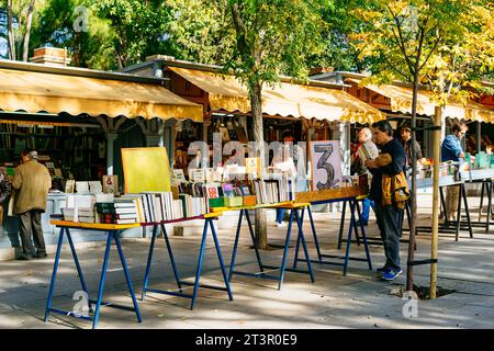 La Cuesta de Moyano ist der populäre Name, unter dem die Calle de Claudio de Moyano in Madrid bekannt ist, berühmt für die Verkaufsstände, die Bücher verkaufen, viele davon Stockfoto