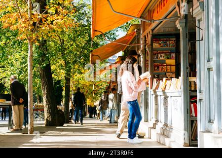 La Cuesta de Moyano ist der populäre Name, unter dem die Calle de Claudio de Moyano in Madrid bekannt ist, berühmt für die Verkaufsstände, die Bücher verkaufen, viele davon Stockfoto