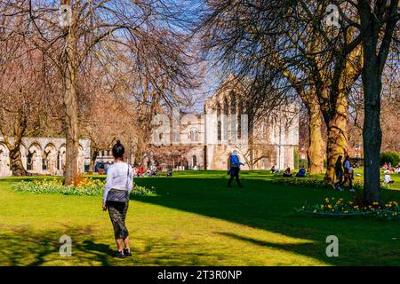 Die Leute genießen einen sonnigen Tag im Dean's Park im Frühjahr. York, North Yorkshire, Yorkshire und The Humber, England, Vereinigtes Königreich, Europa Stockfoto