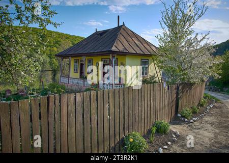 Das schöne Haus auf dem Land mit blühenden Bäumen im Frühling in Rumänien Stockfoto