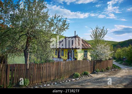 Das schöne Haus auf dem Land mit blühenden Bäumen im Frühling in Rumänien Stockfoto