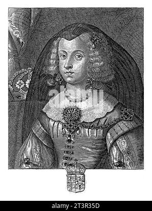 Porträt von Maria Anna von Österreich, Königin von Spanien, Pieter de Jode (II), 1628 - 1670 Büstenporträt von Maria Anna von Österreich, in einem reich verzierten Dres Stockfoto