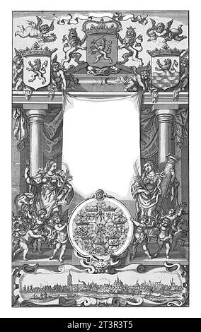 Architektonische Nische mit Prudence und Stärke inmitten der Engel, Pieter Philippe, nach Adriaen Pietersz. Van de Venne, 1658 architektonische Nische Stockfoto