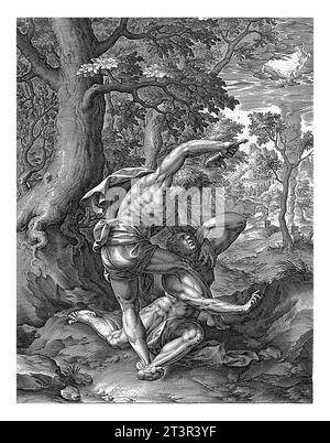 Cain tötet Abel, Antonie Wierix (II), 1579 - 1604 Cain ist dabei, Abel mit einem Eselkiefer zu töten. Im Hintergrund zwei Opferaltäre: Abels Stockfoto