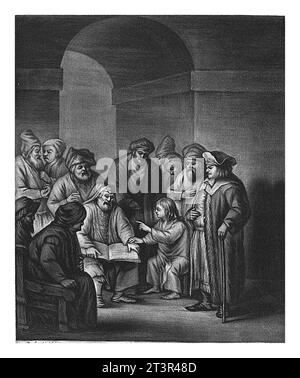 12-jähriger Christus im Tempel, John Greenwood, nach Rembrandt van Rijn, 1739–1792 der 12-jährige Christus sitzt unter Gelehrten in der Temp Stockfoto