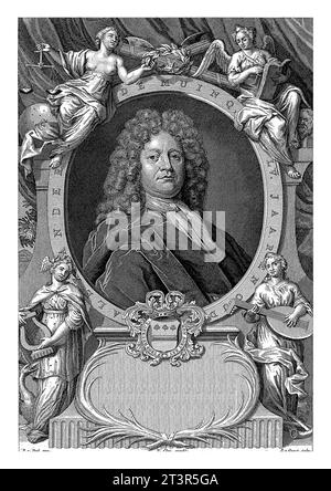Porträt von Alexander de Muncq im Alter von 55 Jahren, Pieter van Gunst, nach P. van Dyck, 1710–1731 Alexander de Muncq, Bürgermeister von Middelburg und Dichter, AT Stockfoto