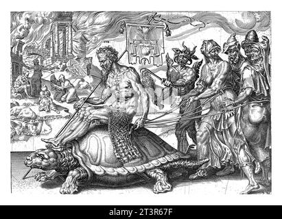 Triumph von Job, Dirck Volckertsz. Coornhert, nach Maarten van Heemskerck, 1559 im Vordergrund Job, auf einer Schildkröte reiten. Stockfoto