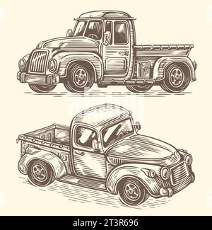 Vintage-Pickup für Landwirte. Vektorabbildung. Skizzenstil für Transportfahrzeuge im Retro-Stil Stock Vektor