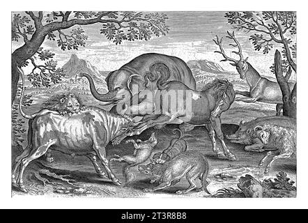 Kampftiere, Adriaen Collaert, 1595 - 1599 Ein Löwe, Ein Stier, ein Fuchs, ein Wolf, ein Hund, ein Wildschwein, eine Ziege, ein Pferd, ein Elefant und ein Hirsch kämpfen mit Verstand Stockfoto