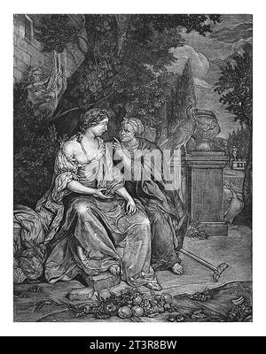 Vertumnus und Pomona, Jan Brouwer, nach Thomas van der Wilt, 1688 Vertumnus, dem italienischen Gott und Beschützer der Gärten und Obstgärten, und Pomona sitzen auf Stockfoto