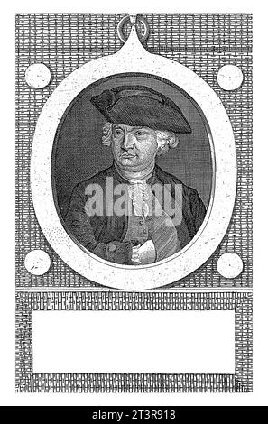 Porträt von J. F. van Campenhout, J. F. de La Rue, 1787 Porträt-Büste im Oval von J. F. van Campenhout, Stadtrat von Saint-Pierre, mit Hut. Stockfoto