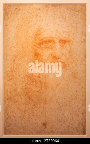 Turin, Italy - April, 2023: original Leonardo da Vinci portrait on handmade cotton paper, Royal Library Stockfoto