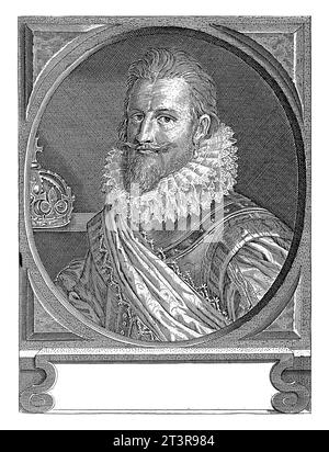Porträt von Christian IV., König von Dänemark, Pieter de Jode (II), 1628–1670 Büstenporträt von Christian IV., König von Dänemark. Er trägt ein Mühlstein-Colla Stockfoto