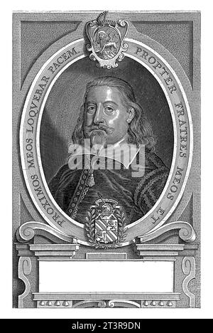 Porträt von Aloysius Contareno, Pieter de Jode (II), nach Anselm van Hulle, 1648 Büstenporträt von Aloysius Contareno, venezianischer Diplomat. Unten rechts Stockfoto