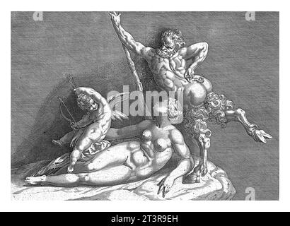 Skulpturengruppe von Venus, Amor und einem Satyr, anonym, nach Willem Danielsz. Von Tetrode liegt 1574 Venus auf dem Boden. Für ihren Amor mit Pfeilen und Stockfoto