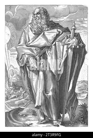 Paulus, anonym, nach Hendrick Goltzius, 1589–1625 Paulus steht in einer bergigen Landschaft mit einem Schwert in der einen Hand und einem Buch in der anderen. Stockfoto