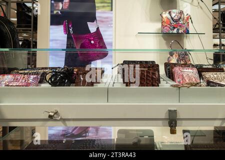 Eine Auswahl an farbenfrohen Clutch-Geldbörsen und Handtaschen in Dillards Kaufhaus, im Zubehörgang. Wichita, Kansas, USA. Stockfoto