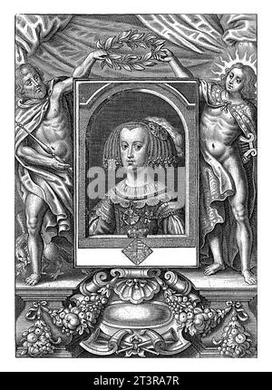 Porträt von Maria Anna von Österreich, Königin von Spanien, Frederik Bouttats (der ältere), 1649 - 1676 Porträt in einer bogenförmigen Nische von Maria Anna von Österreich, Stockfoto