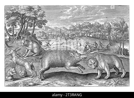Jagdwild, Adriaen Collaert, 1595 - 1599 Ein Bär, ein Wildschwein und einige Hasen im Vordergrund. Im Hintergrund eine Landschaft mit einer Bärenjagd. Stockfoto