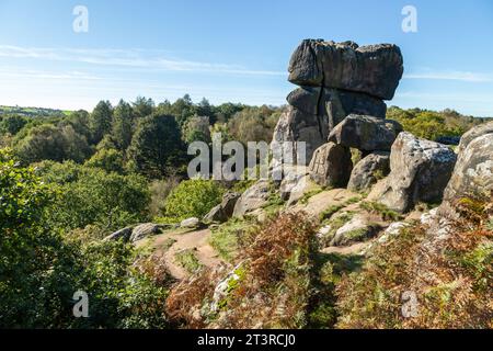 Robin Hood's Stride (auch bekannt als Mock Beggar's Mansion) ist eine Felsformation am Kalksteinweg in Derbyshire nahe dem Dorf Elton Stockfoto