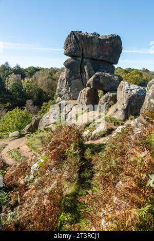 Robin Hood's Stride (auch bekannt als Mock Beggar's Mansion) ist eine Felsformation am Kalksteinweg in Derbyshire nahe dem Dorf Elton Stockfoto